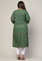Plus Size Green Cotton Floral Print Straight Kurta-440