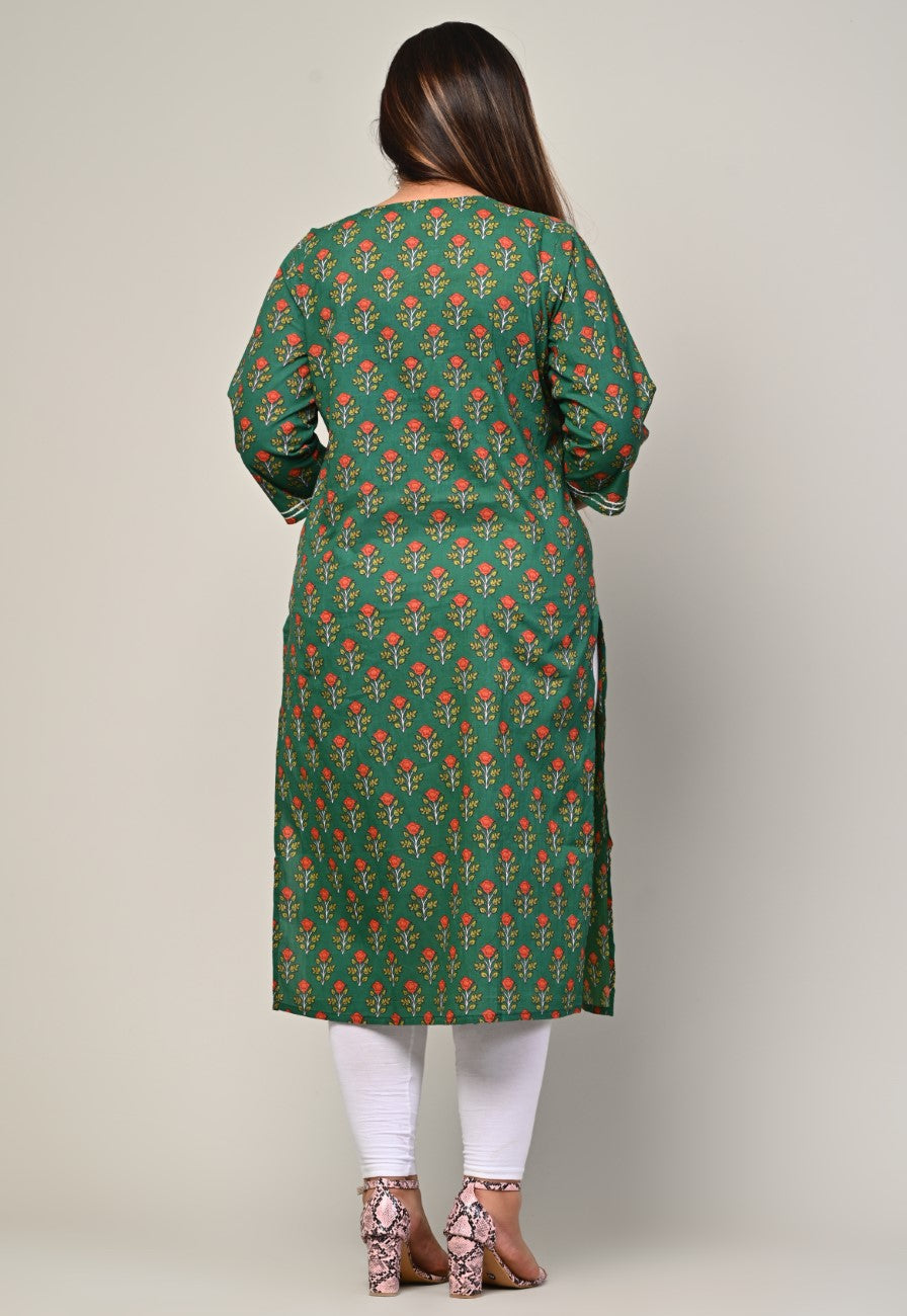 Plus Size Green Cotton Floral Print Straight Kurta-440