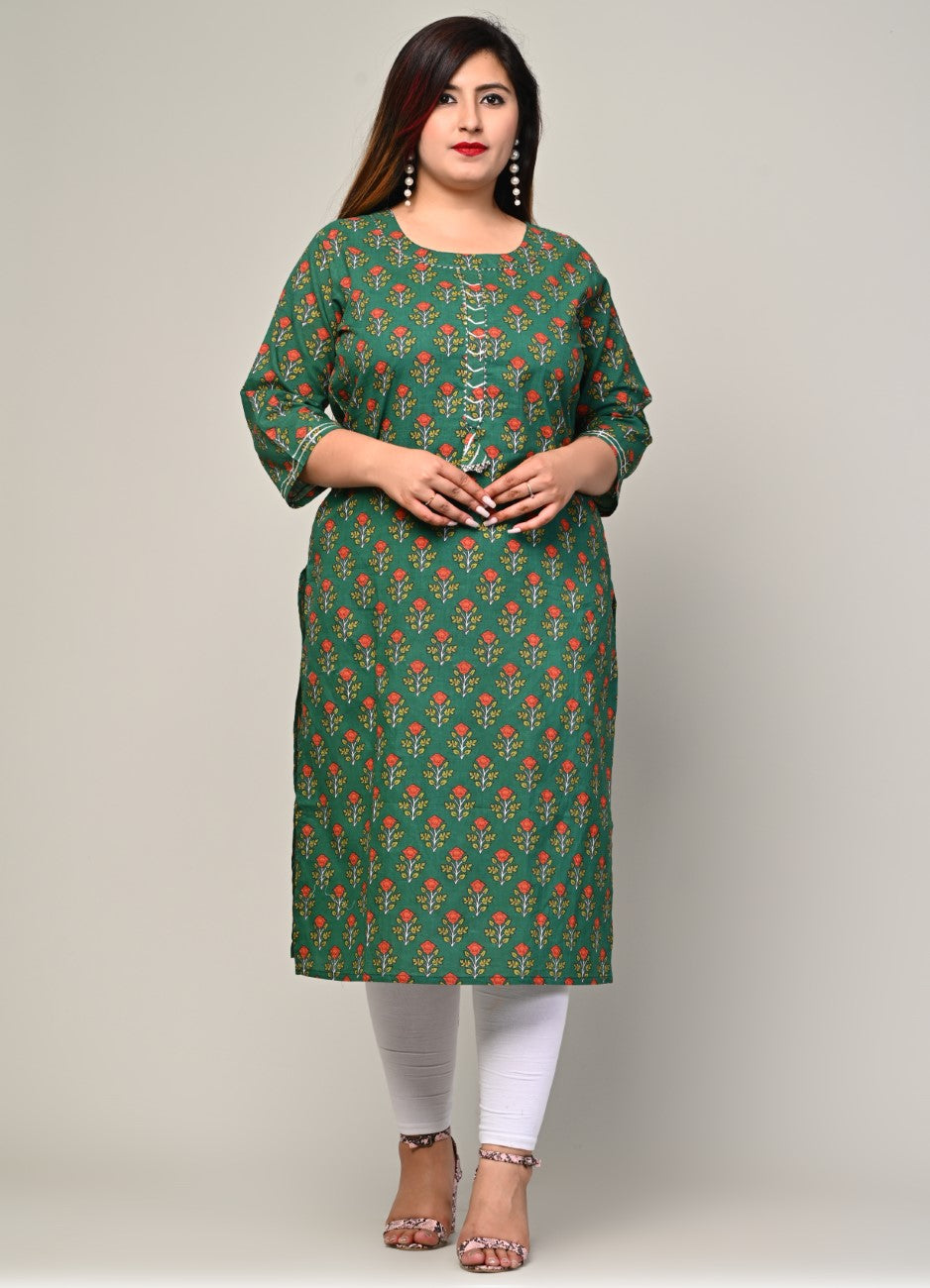 Plus Size Green Cotton Floral Print Straight Kurta-440