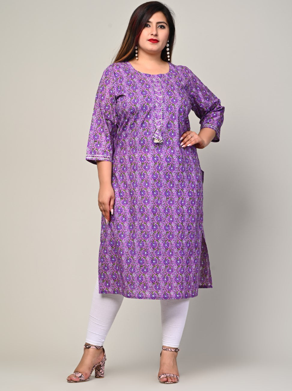 Plus Size Purple Cotton Floral Print Straight Kurta-441 Secondary image