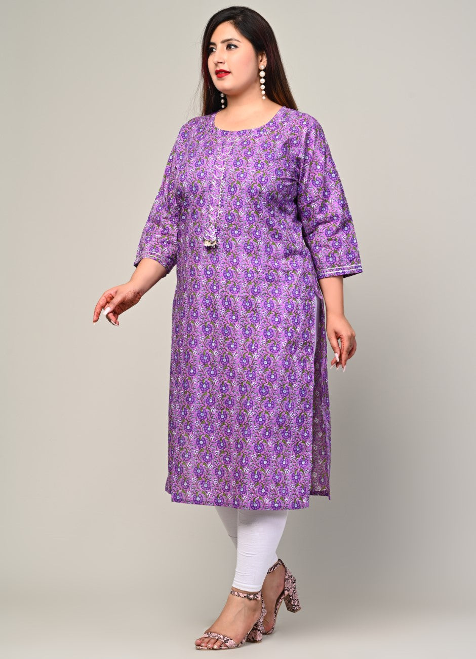 Plus Size Purple Cotton Floral Print Straight Kurta-441
