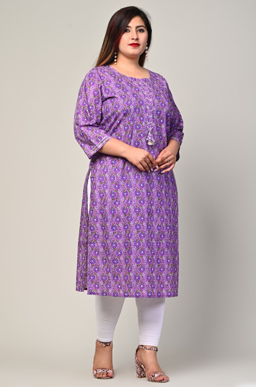 Plus Size Purple Cotton Floral Print Straight Kurta-441