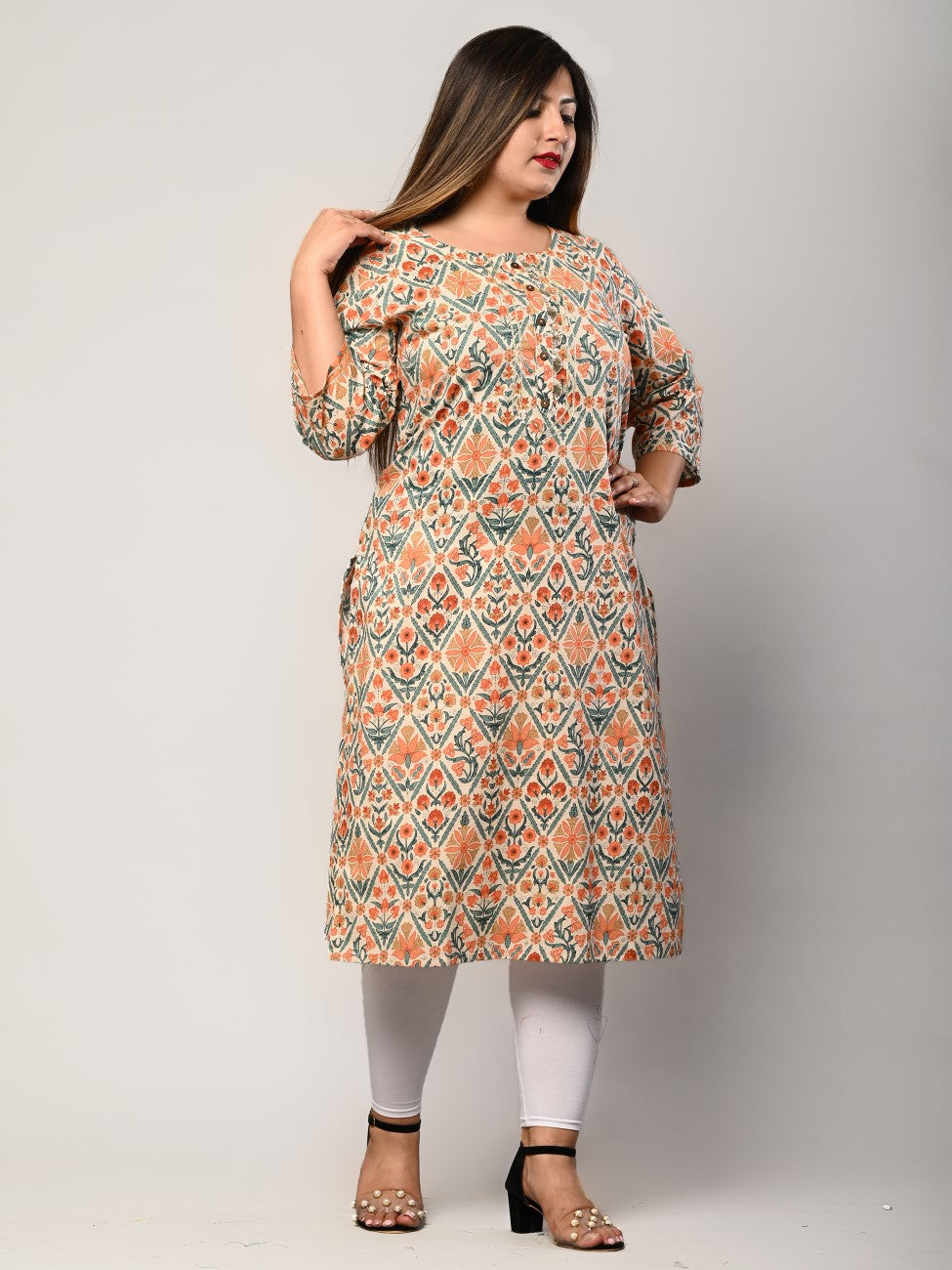 Plus Size Beige Cotton Printed Straight Kurta-464