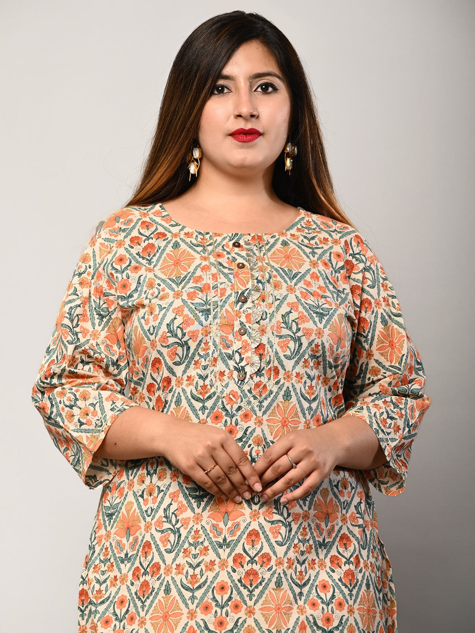 Plus Size Beige Cotton Printed Straight Kurta-464