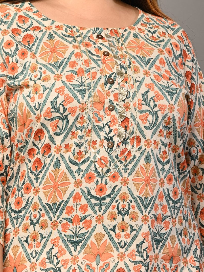 Plus Size Beige Cotton Printed Straight Kurta-464 Secondary image