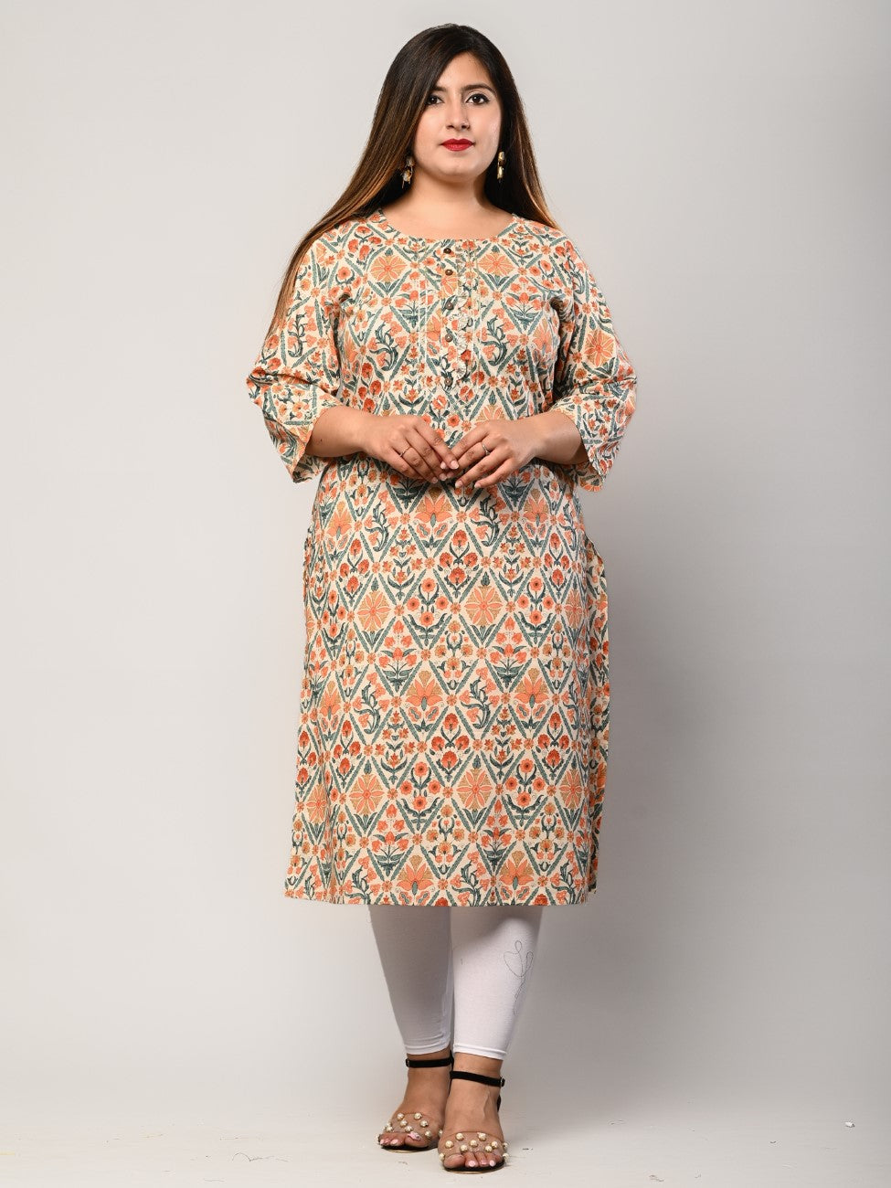 Plus Size Beige Cotton Printed Straight Kurta-464