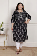 Plus Size Black Cotton Blend Ikat Print Straight Kurta-466