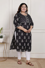 Plus Size Black Cotton Blend Ikat Print Straight Kurta-466