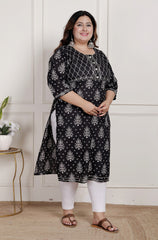 Plus Size Black Cotton Blend Ikat Print Straight Kurta-466