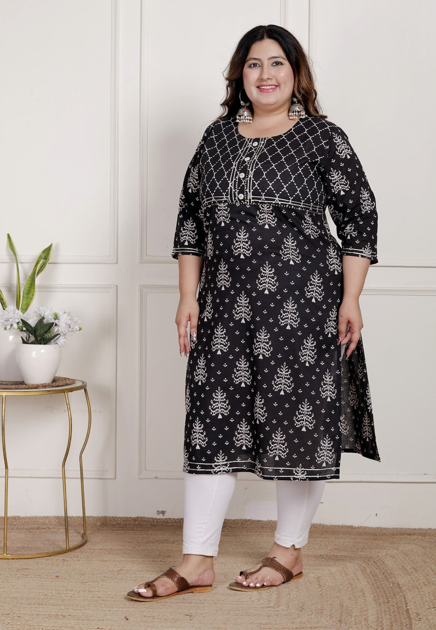 Plus Size Black Cotton Blend Ikat Print Straight Kurta-466