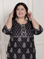 Plus Size Black Cotton Blend Ikat Print Straight Kurta-466