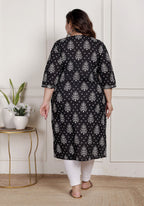 Plus Size Black Cotton Blend Ikat Print Straight Kurta-466