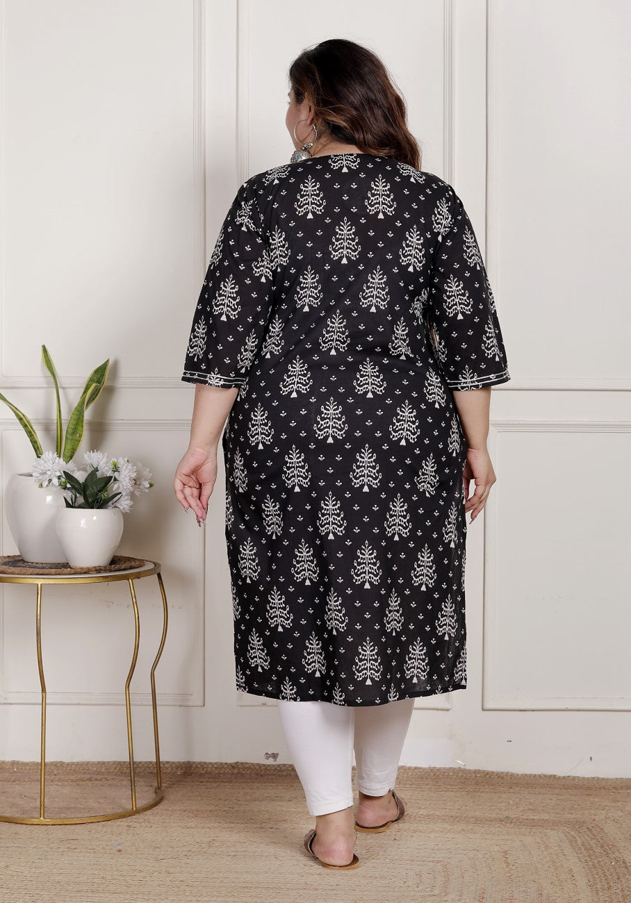 Plus Size Black Cotton Blend Ikat Print Straight Kurta-466