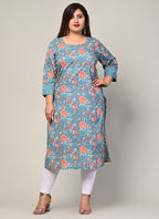 Plus Size Blue Cotton Floral Print Straight Kurta-500