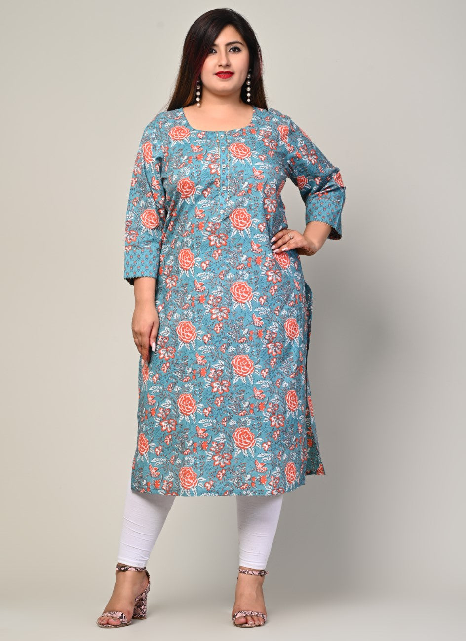 Plus Size Blue Cotton Floral Print Straight Kurta-500