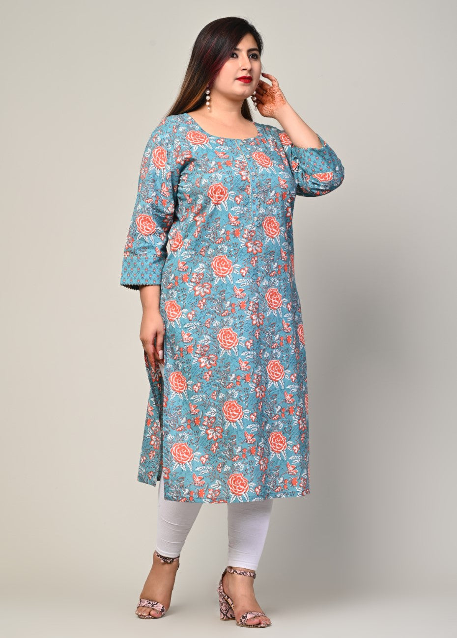 Plus Size Blue Cotton Floral Print Straight Kurta-500 Secondary image