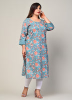 Plus Size Blue Cotton Floral Print Straight Kurta-500