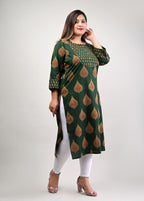Plus Size Green Cotton Floral Print Straight Kurta-514