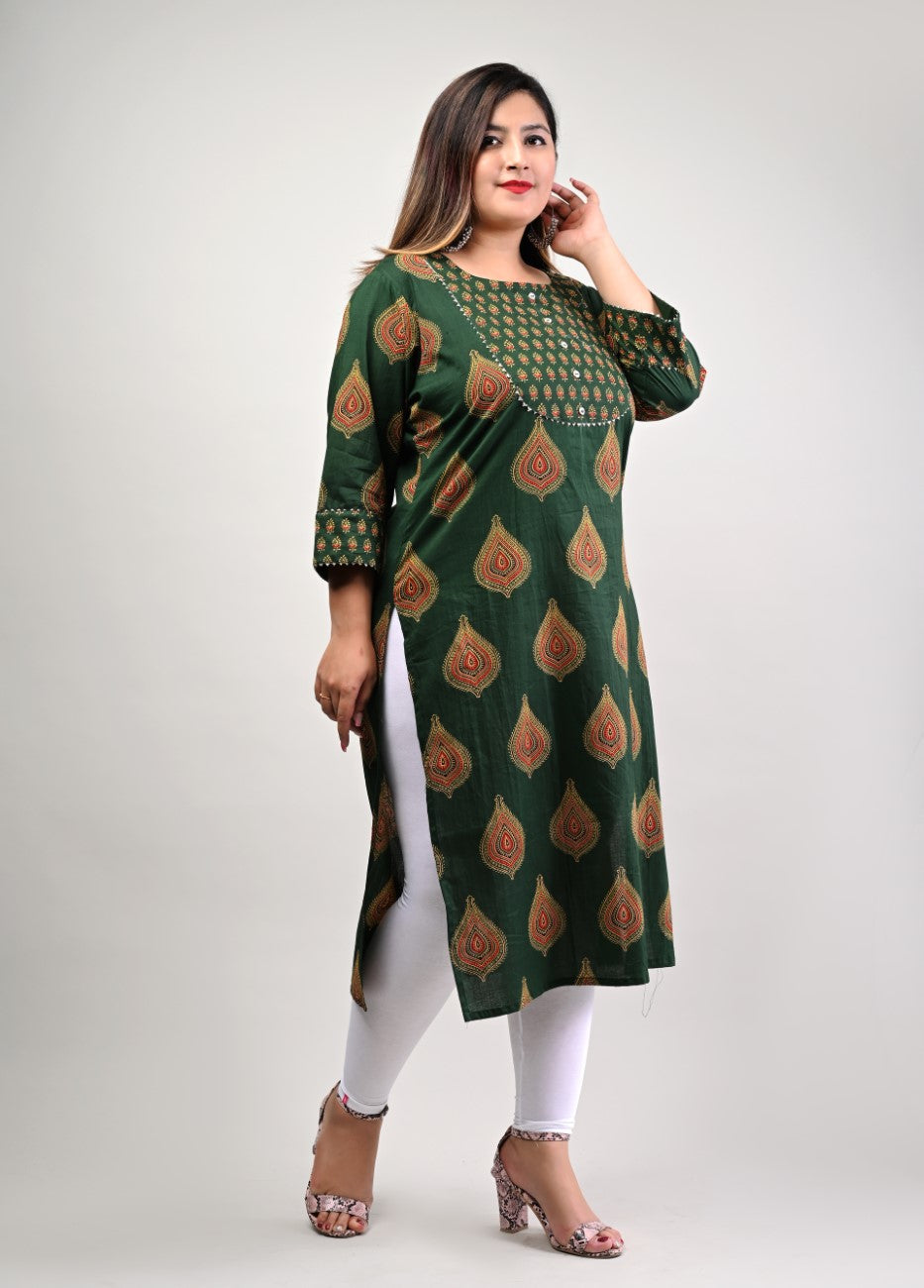 Plus Size Green Cotton Floral Print Straight Kurta-514