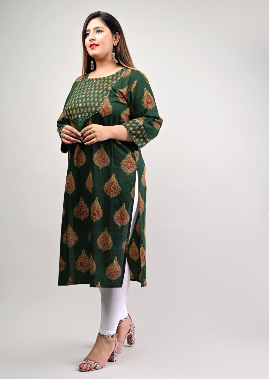 Plus Size Green Cotton Floral Print Straight Kurta-514