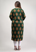 Plus Size Green Cotton Floral Print Straight Kurta-514