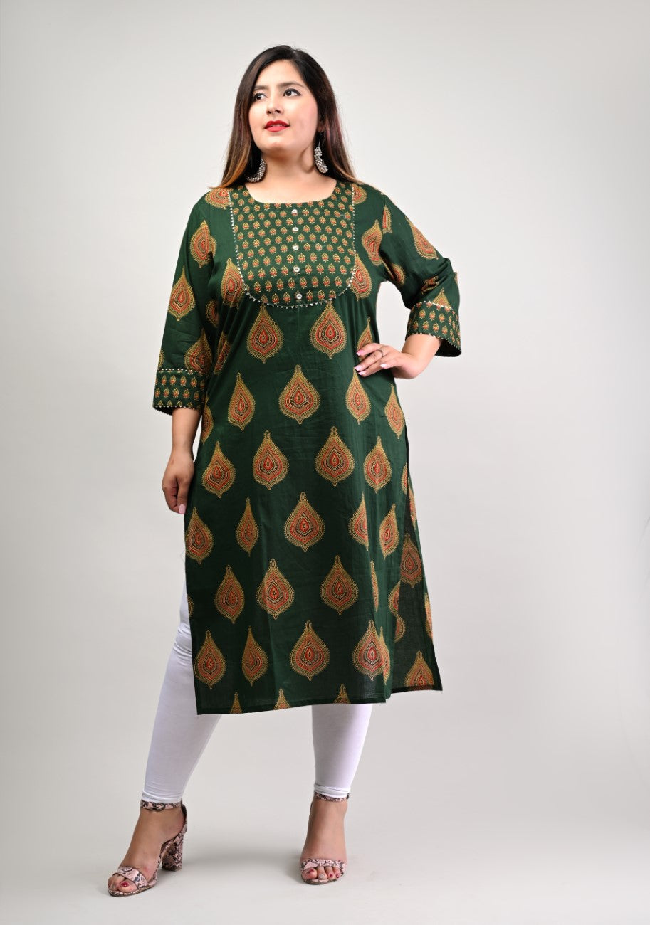 Plus Size Green Cotton Floral Print Straight Kurta-514