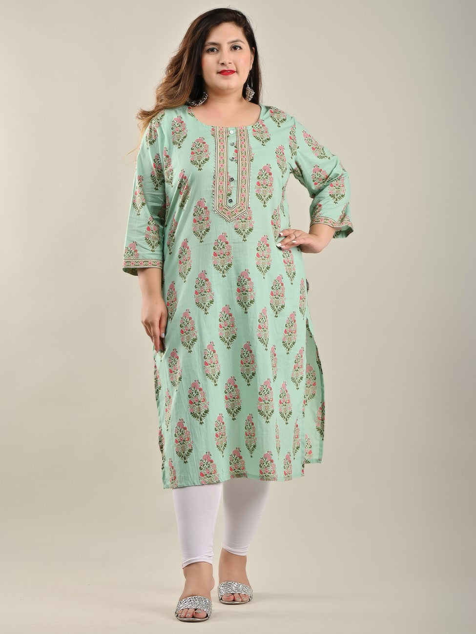 Plus Size Green Cotton Block Print Straight Kurta-534 Secondary image