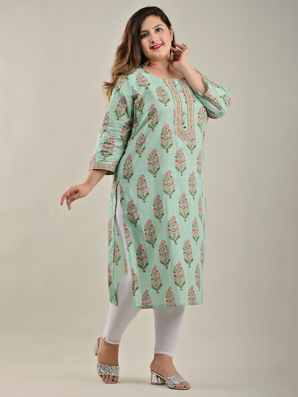 Plus Size Green Cotton Block Print Straight Kurta-534