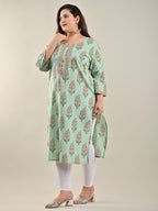 Plus Size Green Cotton Block Print Straight Kurta-534