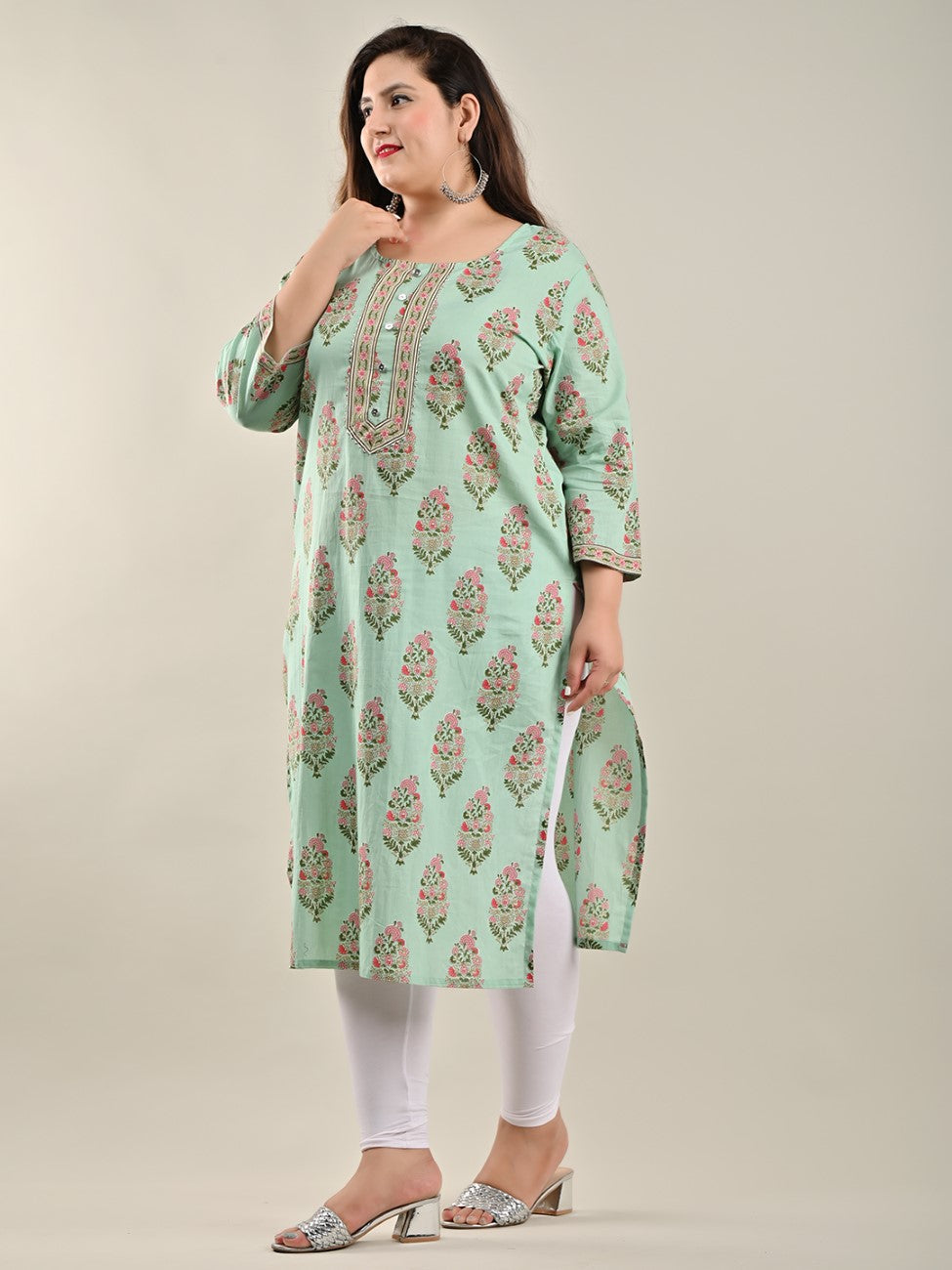 Plus Size Green Cotton Block Print Straight Kurta-534