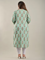 Plus Size Green Cotton Block Print Straight Kurta-534
