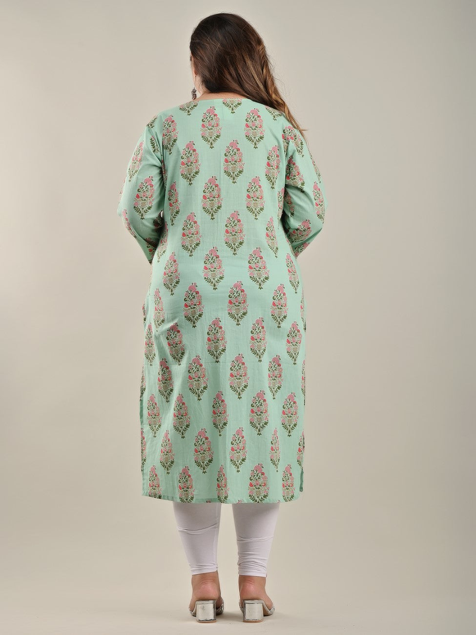 Plus Size Green Cotton Block Print Straight Kurta-534