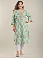 Plus Size Green Cotton Block Print Straight Kurta-534