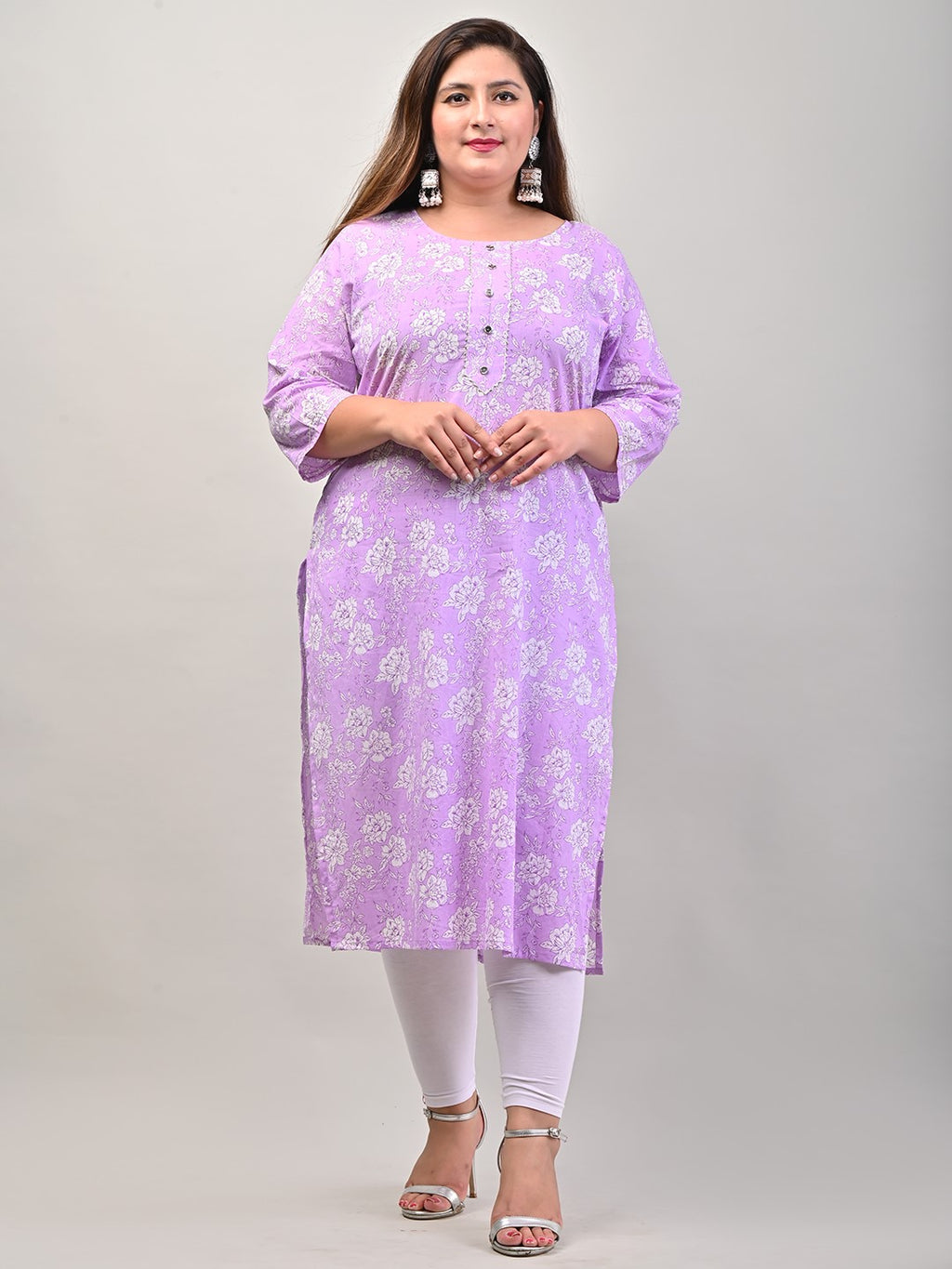 Plus Size Purple Cotton Blend Floral Print Straight Kurta-536