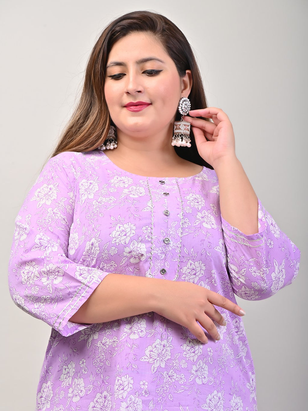 Plus Size Purple Cotton Blend Floral Print Straight Kurta-536