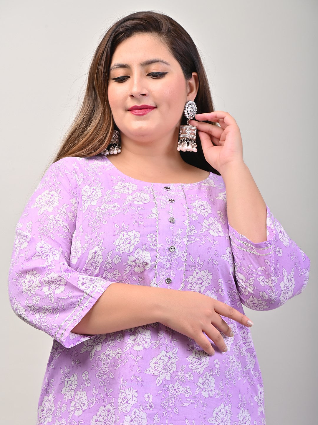 Plus Size Purple Cotton Blend Floral Print Straight Kurta-536