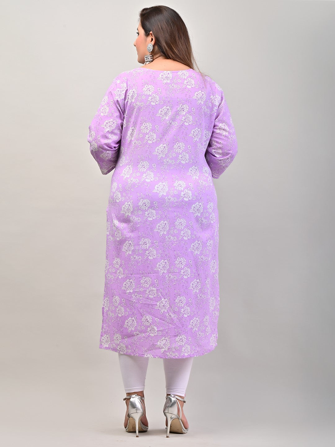 Plus Size Purple Cotton Blend Floral Print Straight Kurta-536 Secondary image
