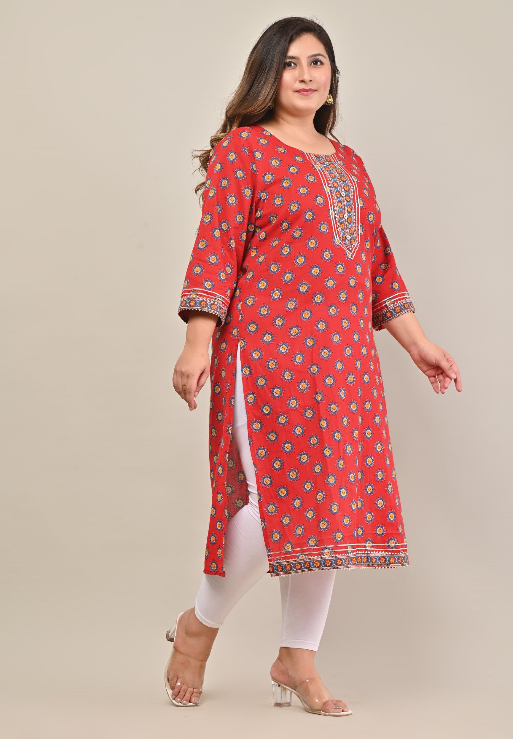 Plus Size Red Cotton Floral Print Straight Kurta-568 Secondary image