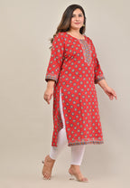 Plus Size Red Cotton Floral Print Straight Kurta-568