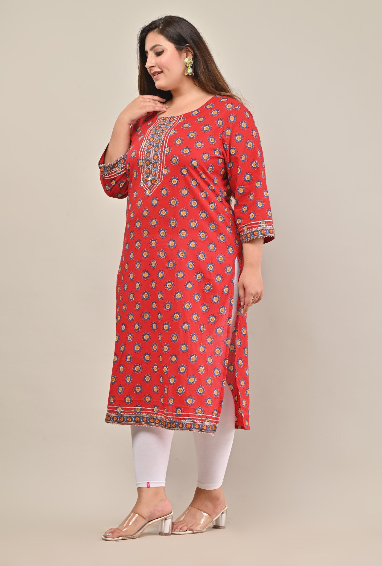 Plus Size Red Cotton Floral Print Straight Kurta-568