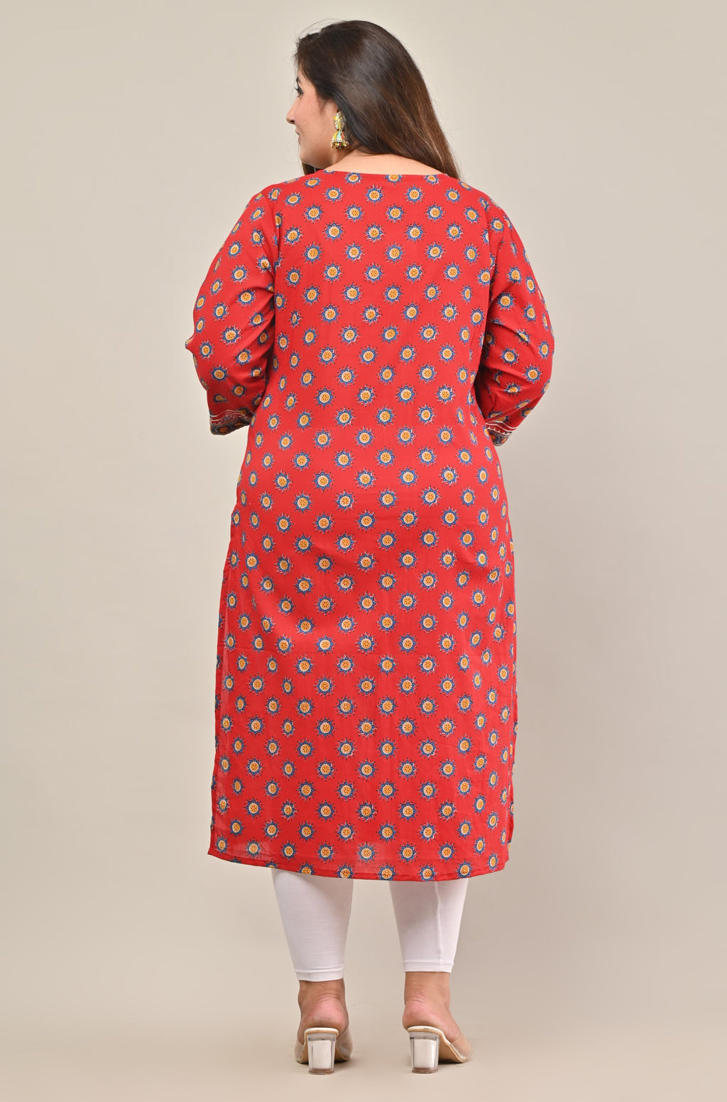 Plus Size Red Cotton Floral Print Straight Kurta-568