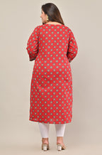 Plus Size Red Cotton Floral Print Straight Kurta-568