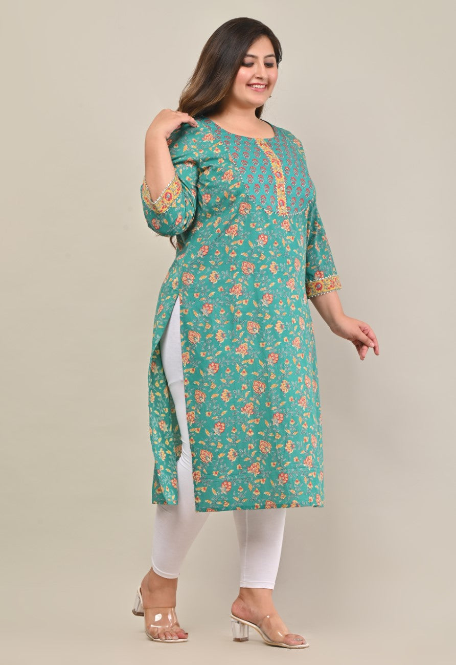 Plus Size Turquoise Cotton Printed Straight Kurta-569