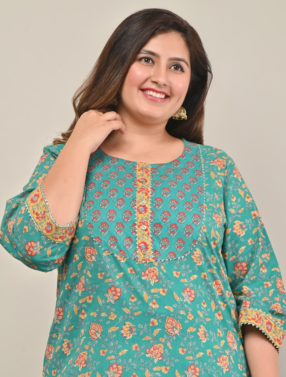 Plus Size Turquoise Cotton Printed Straight Kurta-569 Secondary image