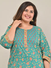 Plus Size Turquoise Cotton Printed Straight Kurta-569