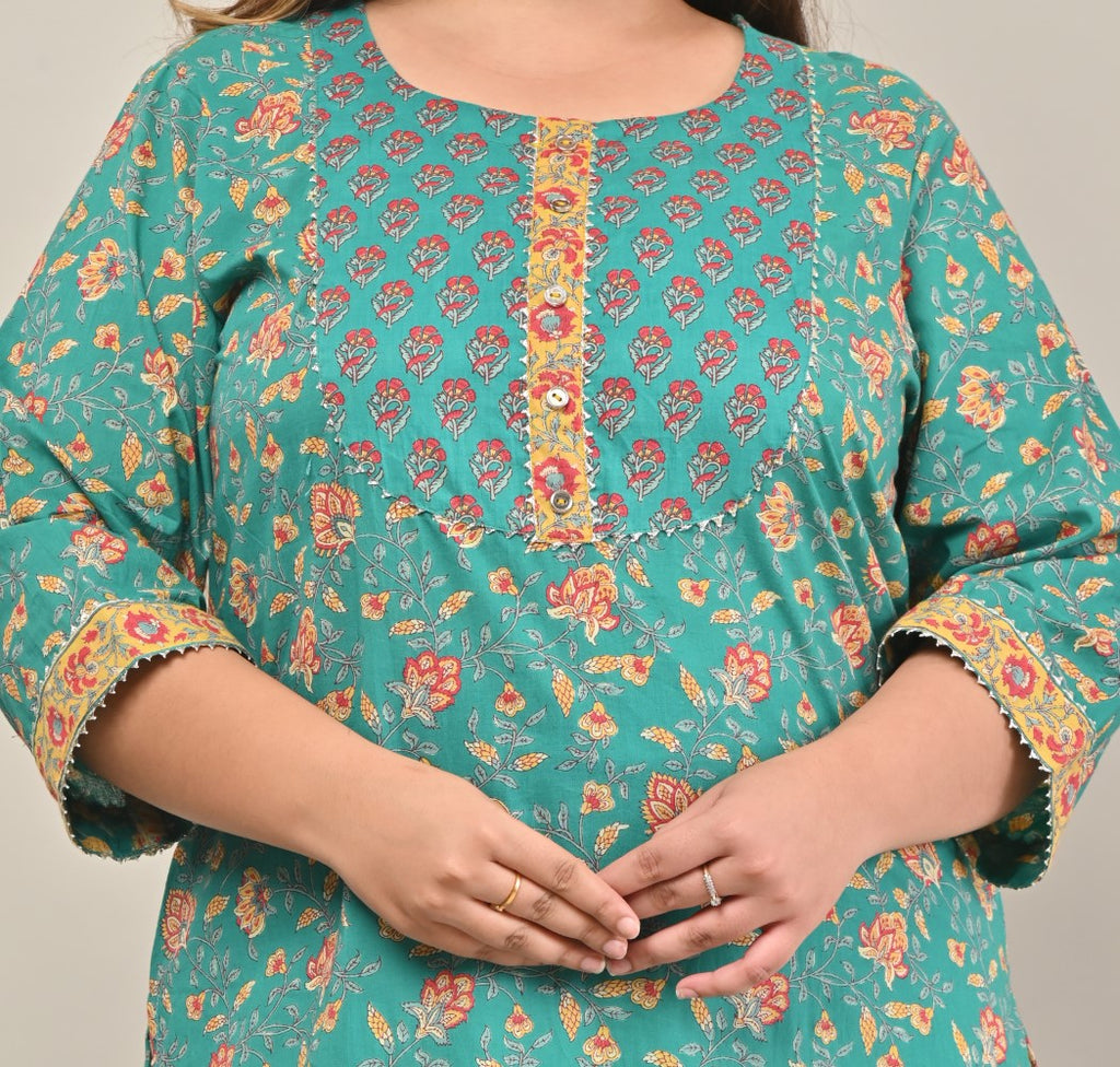 Plus Size Turquoise Cotton Printed Straight Kurta-569