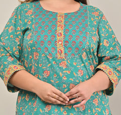 Plus Size Turquoise Cotton Printed Straight Kurta-569
