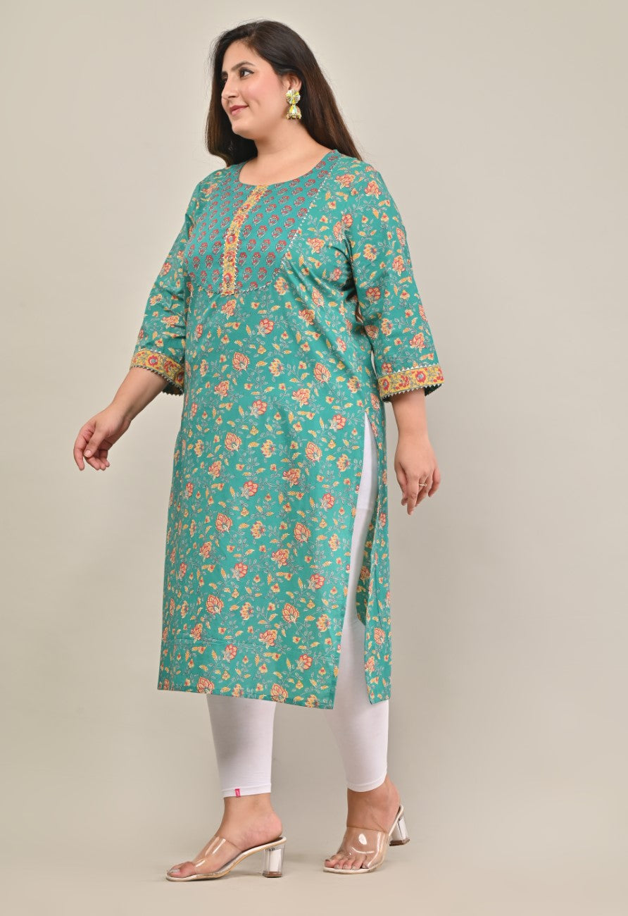 Plus Size Turquoise Cotton Printed Straight Kurta-569