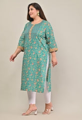 Plus Size Turquoise Cotton Printed Straight Kurta-569