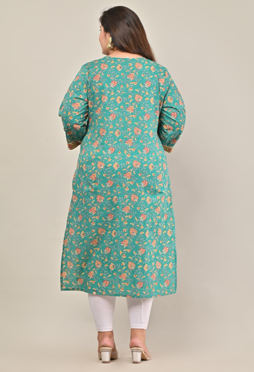 Plus Size Turquoise Cotton Printed Straight Kurta-569